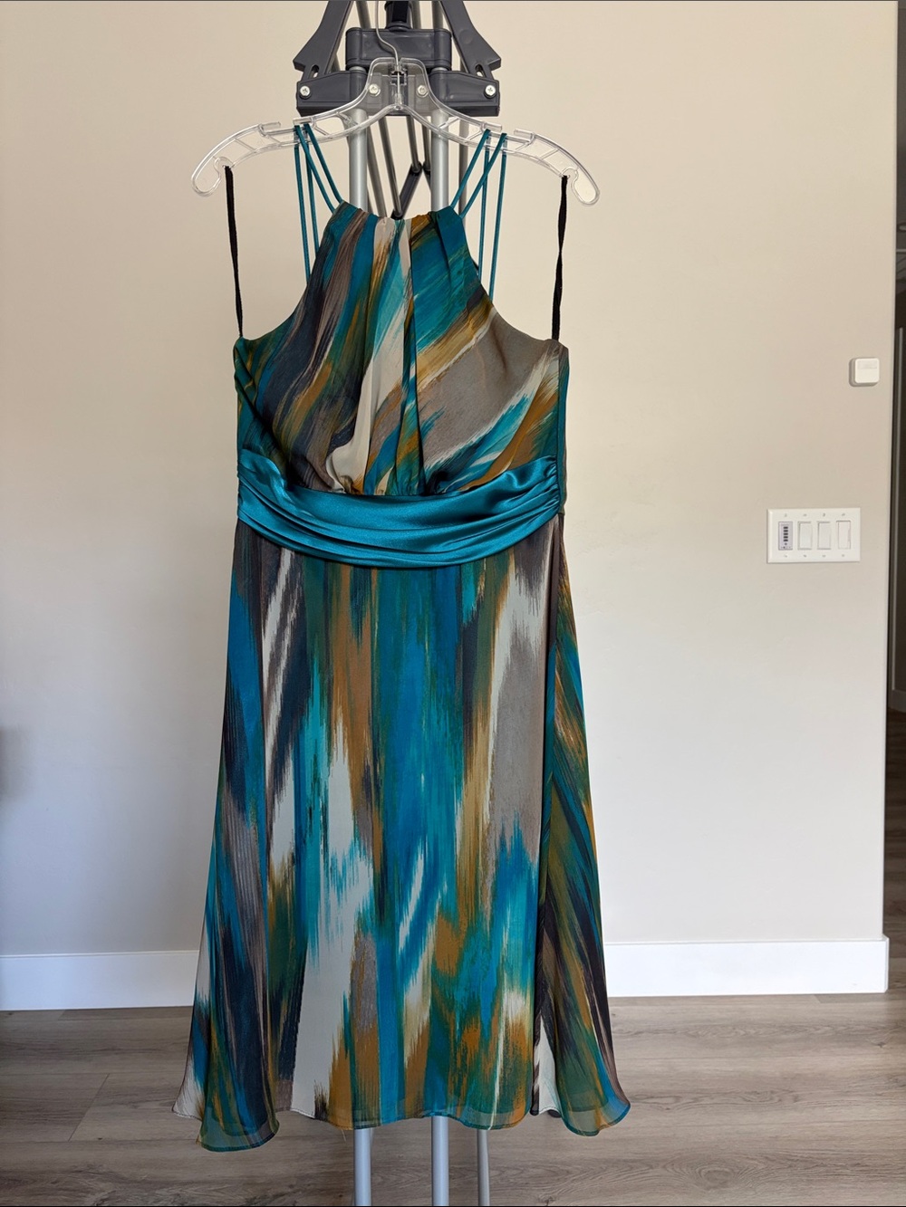 Teal Multicolor A-line Silhouette Dress with Satin Waistband (LG)